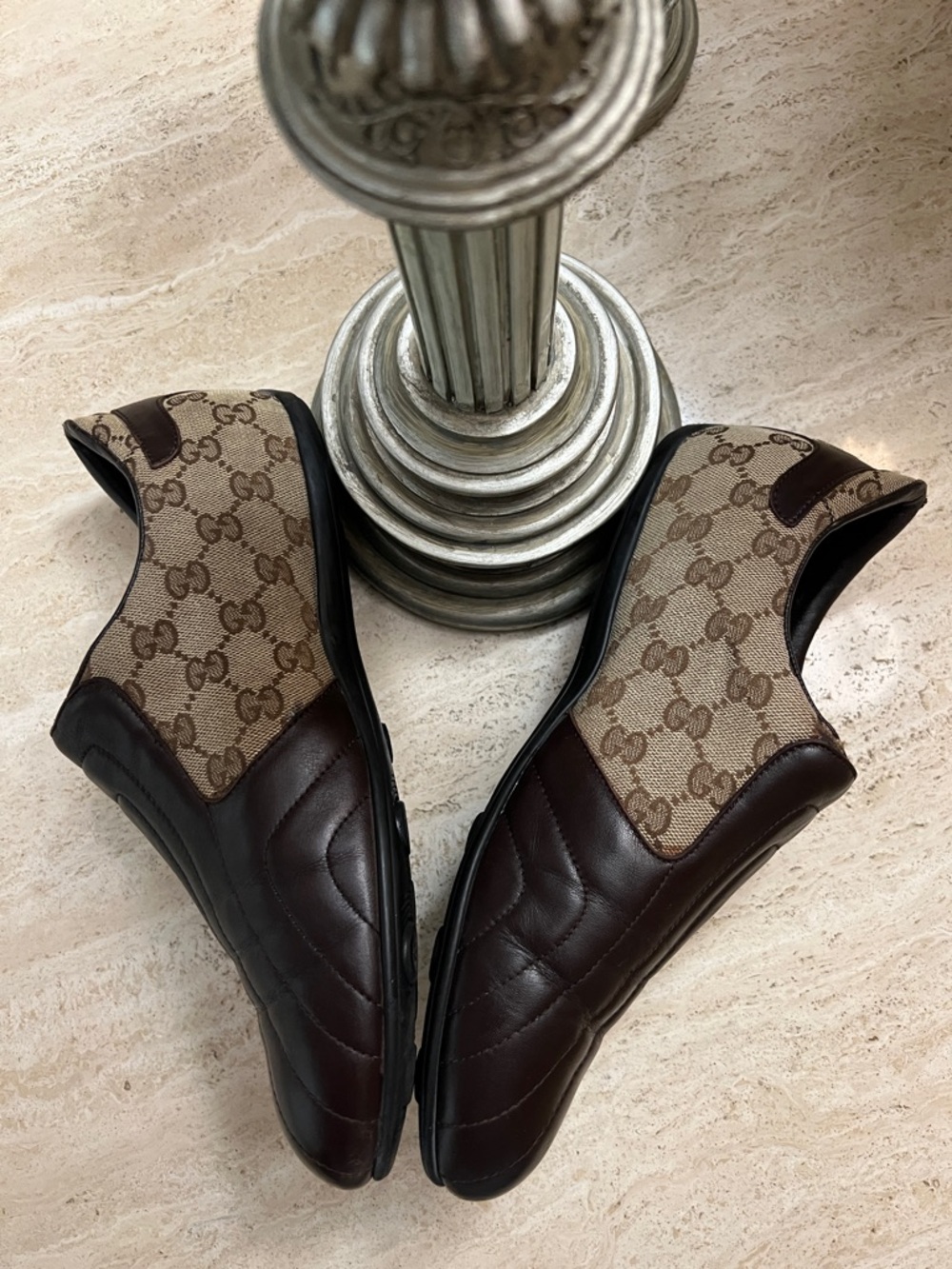 Gucci Brown Leather & GG Canvas Velcro Men’s Sneakers with Web Stripe - Picture 4 of 13